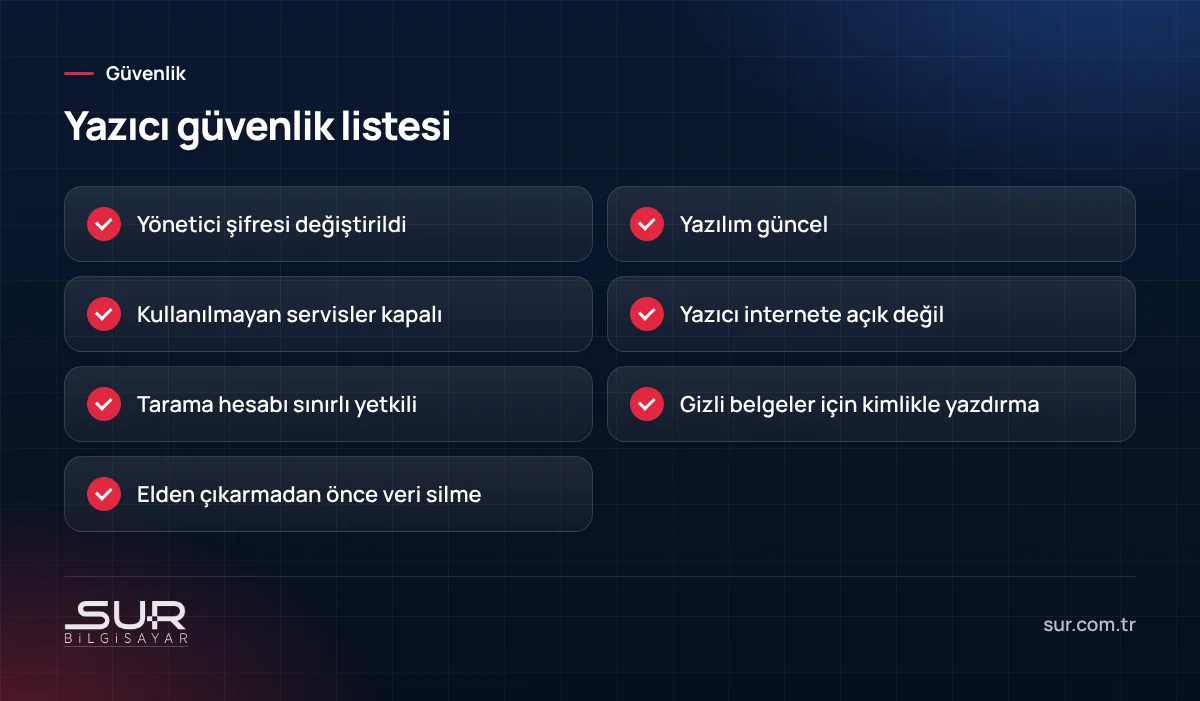 Ağ yazıcıları için güvenlik kontrol listesi