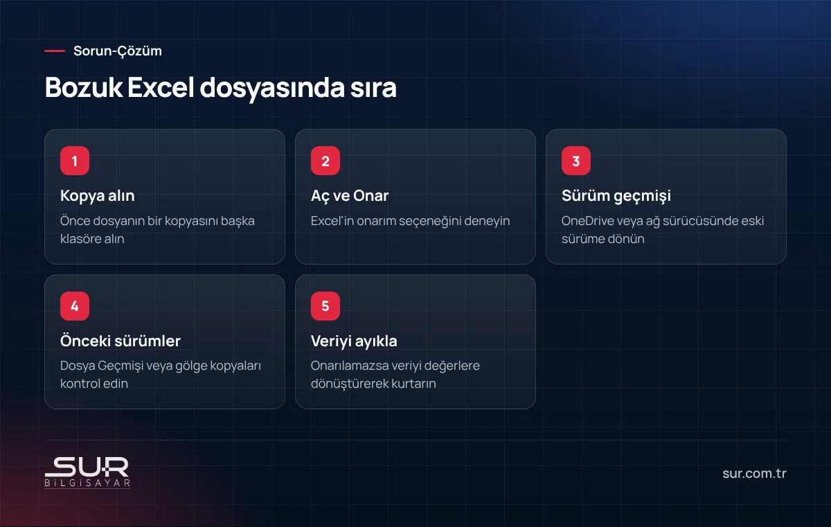 Bozuk Excel dosyasını kurtarmak için kopya alma, Aç ve Onar, sürüm geçmişi adımları
