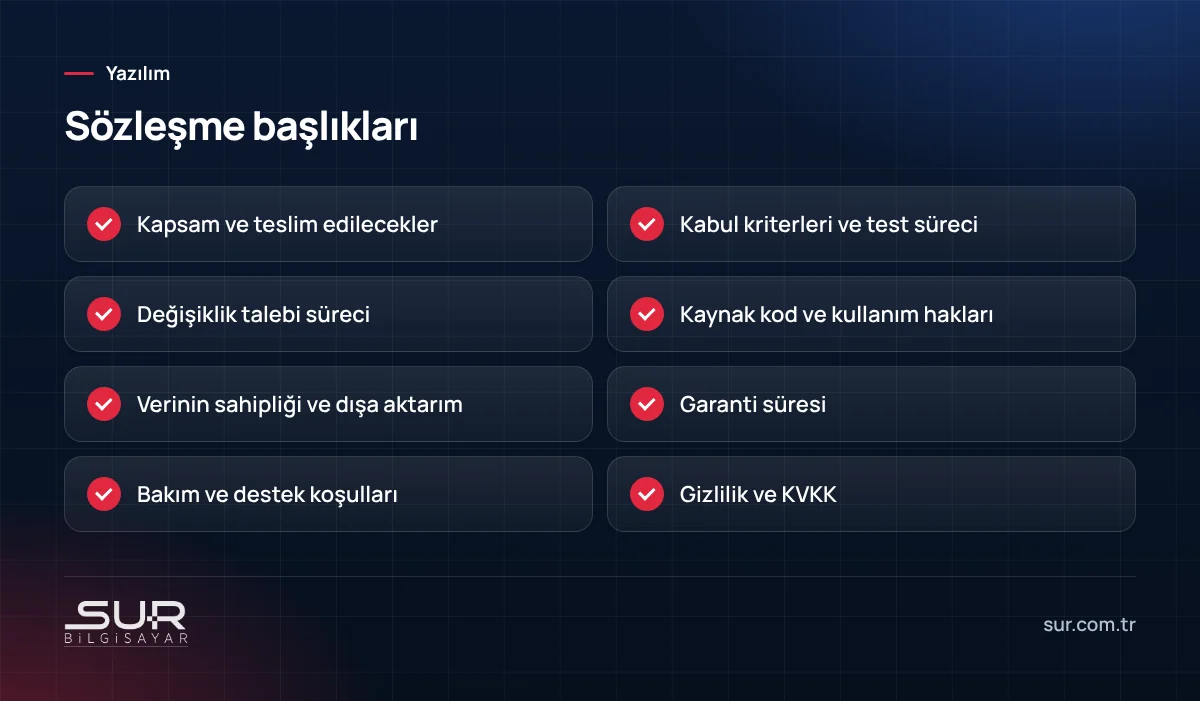 Özel yazılım sözleşmesinde bulunması gereken başlıklar kontrol listesi