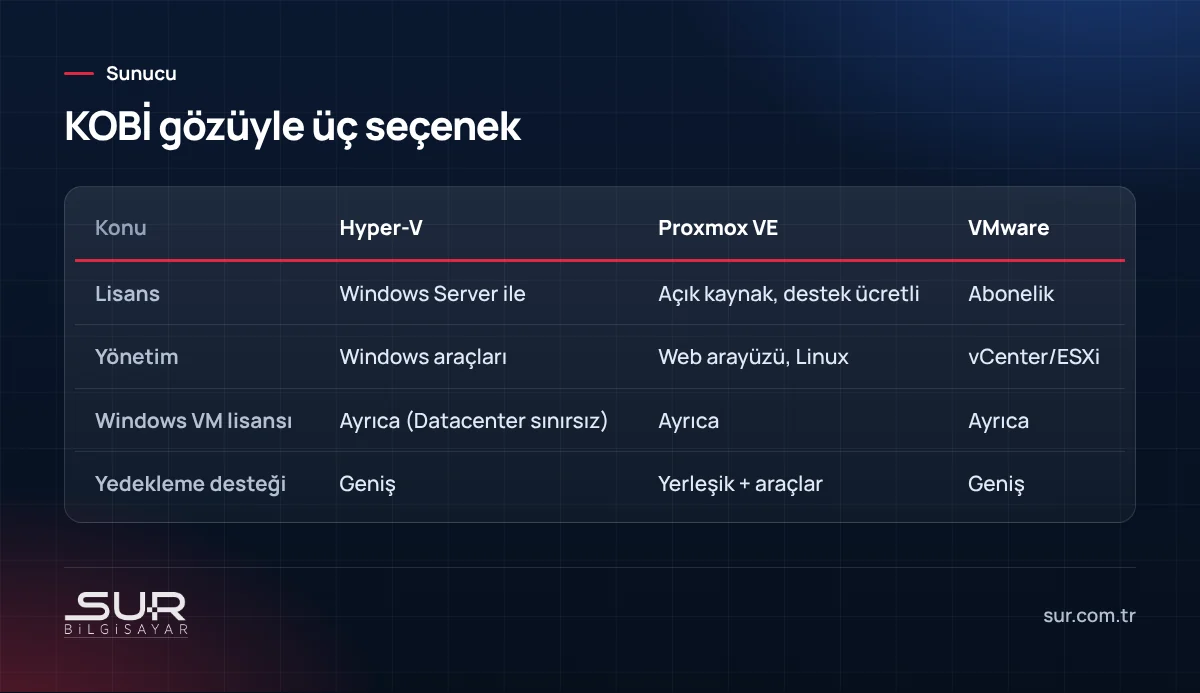 Hyper-V, Proxmox VE ve VMware sanallaştırma platformlarının KOBİ için karşılaştırması