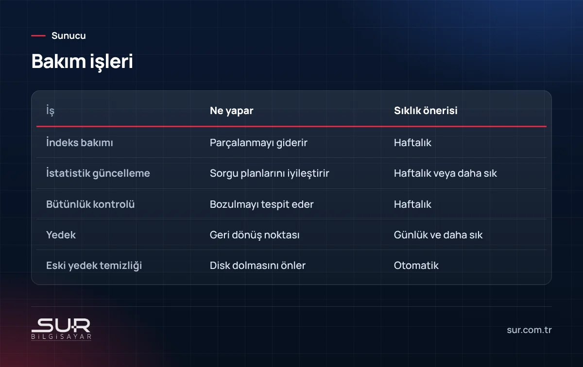 SQL Server bakım planındaki indeks, istatistik, bütünlük kontrolü ve yedek işlerinin karşılaştırması
