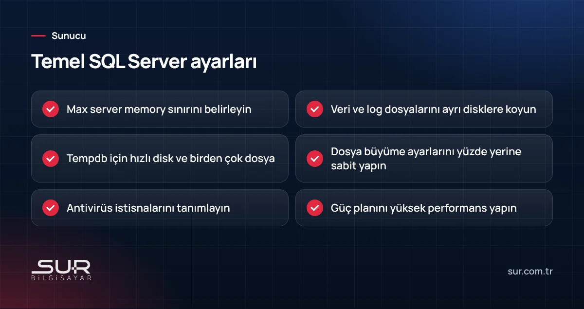 SQL Server sunucusu için temel bellek ve disk ayarları kontrol listesi