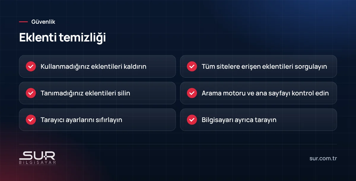 Tarayıcıdaki zararlı ve gereksiz eklentileri temizleme kontrol listesi
