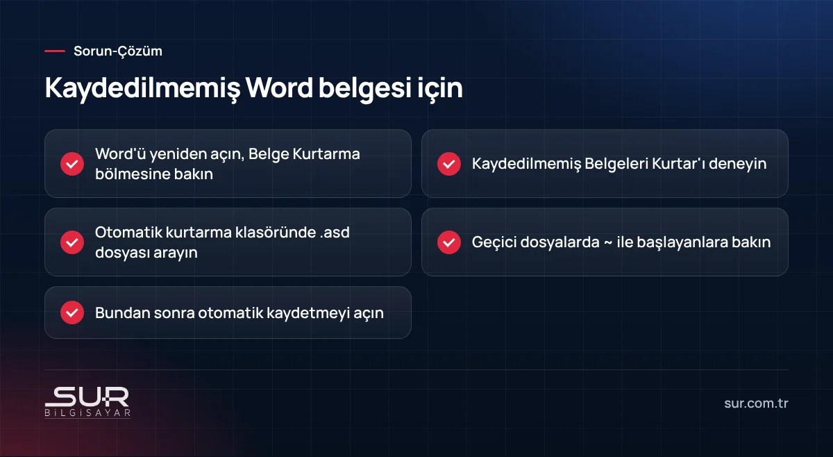 Kaydedilmeden kapanan Word belgesini kurtarmak için kontrol listesi