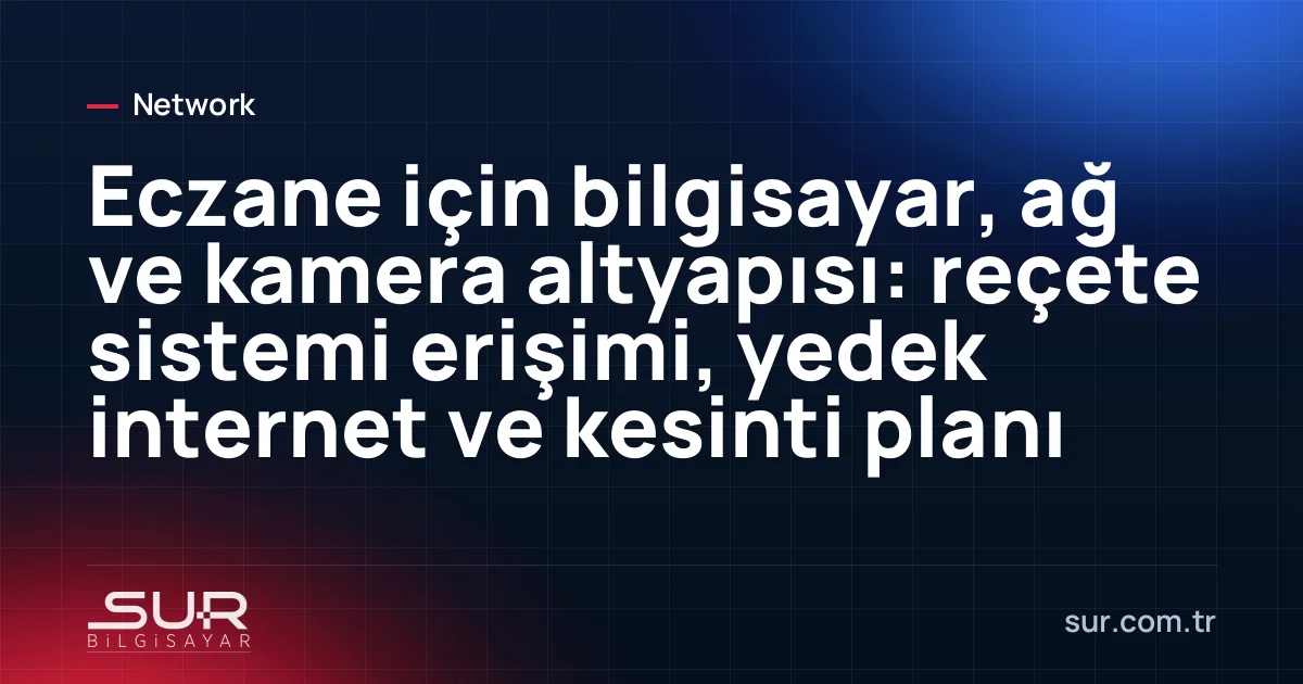 Eczane tezgâhında bilgisayar, barkod okuyucu ve tavanda güvenlik kamerası